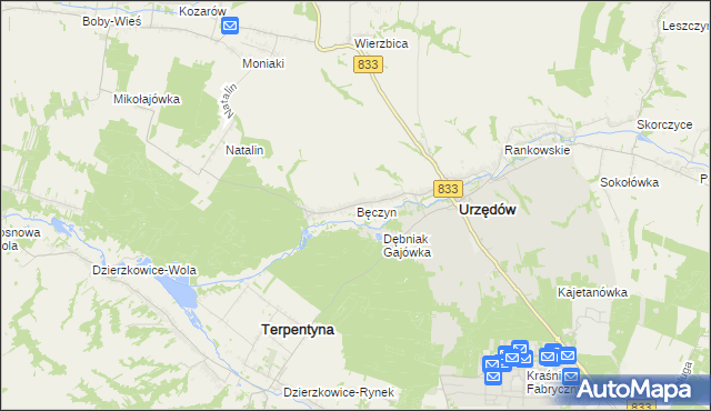 mapa Bęczyn gmina Urzędów, Bęczyn gmina Urzędów na mapie Targeo