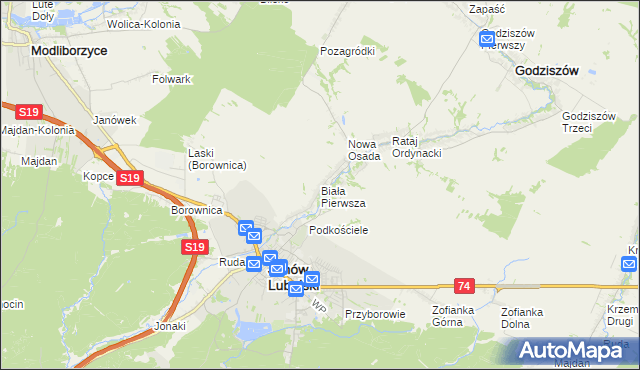 mapa Biała Pierwsza gmina Janów Lubelski, Biała Pierwsza gmina Janów Lubelski na mapie Targeo