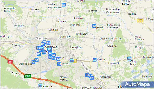 mapa Biały Ług gmina Zduńska Wola, Biały Ług gmina Zduńska Wola na mapie Targeo