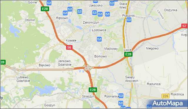 mapa Borkowo gmina Pruszcz Gdański, Borkowo gmina Pruszcz Gdański na mapie Targeo