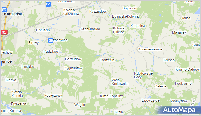 mapa Borzęcin gmina Gorzkowice, Borzęcin gmina Gorzkowice na mapie Targeo