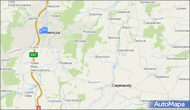 mapa Brochocin gmina Ciepłowody, Brochocin gmina Ciepłowody na mapie Targeo