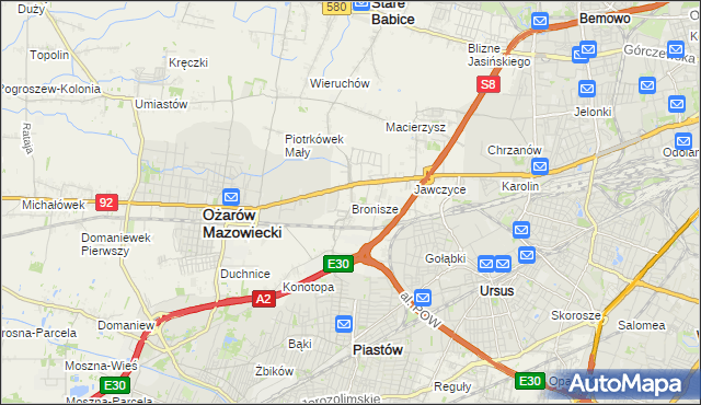mapa Bronisze gmina Ożarów Mazowiecki, Bronisze gmina Ożarów Mazowiecki na mapie Targeo