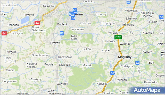 mapa Buków gmina Mogilany, Buków gmina Mogilany na mapie Targeo