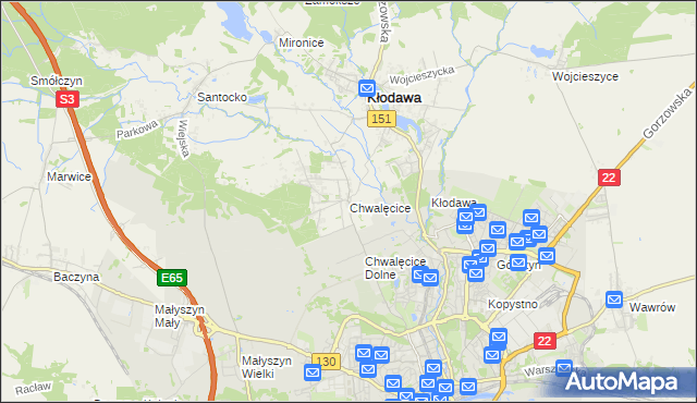 mapa Chwalęcice gmina Kłodawa, Chwalęcice gmina Kłodawa na mapie Targeo