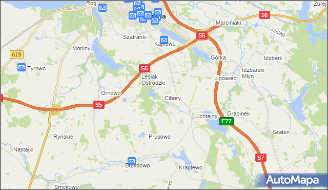 mapa Cibory gmina Ostróda, Cibory gmina Ostróda na mapie Targeo