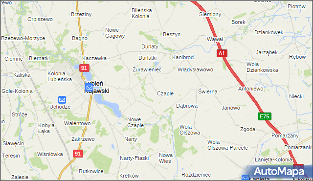 mapa Czaple gmina Lubień Kujawski, Czaple gmina Lubień Kujawski na mapie Targeo