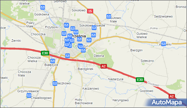 mapa Dębina gmina Września, Dębina gmina Września na mapie Targeo