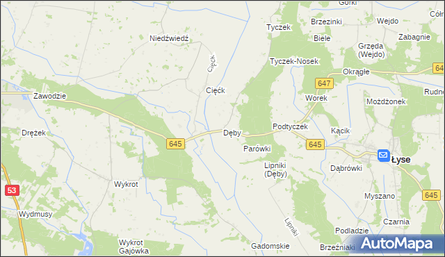 mapa Dęby gmina Łyse, Dęby gmina Łyse na mapie Targeo