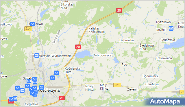 mapa Dobrogoszcz gmina Kościerzyna, Dobrogoszcz gmina Kościerzyna na mapie Targeo
