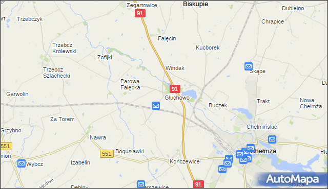 mapa Głuchowo gmina Chełmża, Głuchowo gmina Chełmża na mapie Targeo