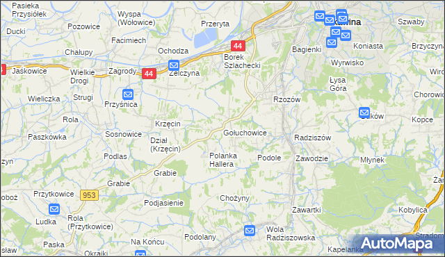 mapa Gołuchowice gmina Skawina, Gołuchowice gmina Skawina na mapie Targeo