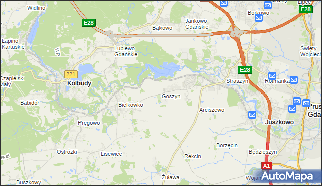 mapa Goszyn gmina Pruszcz Gdański, Goszyn gmina Pruszcz Gdański na mapie Targeo