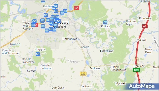 mapa Janowo gmina Starogard Gdański, Janowo gmina Starogard Gdański na mapie Targeo