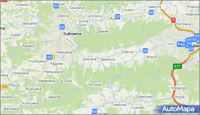 mapa Jasienica gmina Myślenice, Jasienica gmina Myślenice na mapie Targeo