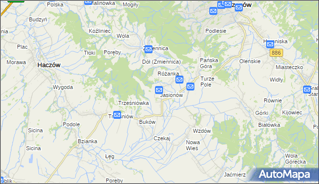 mapa Jasionów gmina Haczów, Jasionów gmina Haczów na mapie Targeo