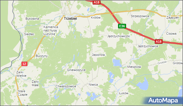 mapa Jasionów gmina Trzebiel, Jasionów gmina Trzebiel na mapie Targeo