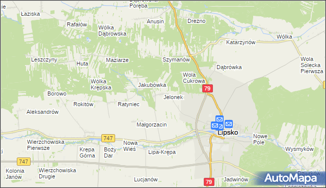 mapa Jelonek gmina Lipsko, Jelonek gmina Lipsko na mapie Targeo
