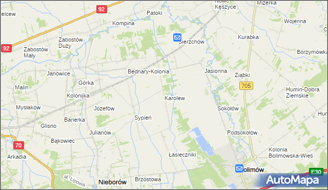 mapa Karolew gmina Nieborów, Karolew gmina Nieborów na mapie Targeo
