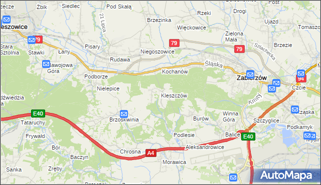 mapa Kleszczów gmina Zabierzów, Kleszczów gmina Zabierzów na mapie Targeo