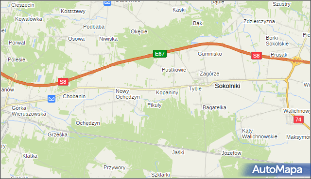 mapa Kopaniny gmina Sokolniki, Kopaniny gmina Sokolniki na mapie Targeo