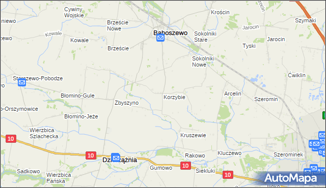 mapa Korzybie gmina Baboszewo, Korzybie gmina Baboszewo na mapie Targeo