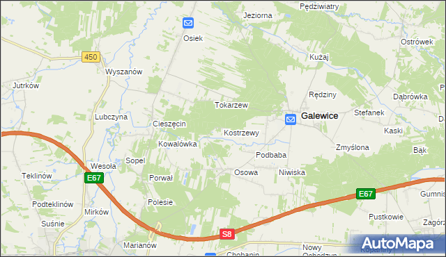 mapa Kostrzewy gmina Galewice, Kostrzewy gmina Galewice na mapie Targeo