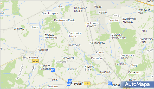 mapa Kostrzyna gmina Panki, Kostrzyna gmina Panki na mapie Targeo