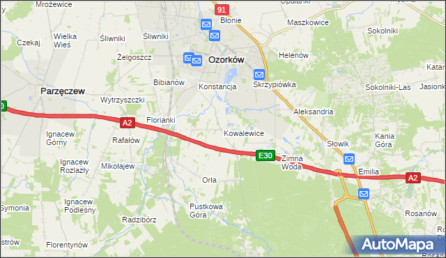 mapa Kowalewice gmina Parzęczew, Kowalewice gmina Parzęczew na mapie Targeo