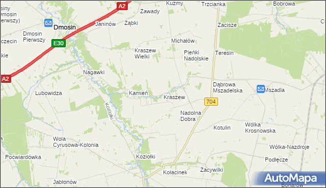 mapa Kraszew gmina Dmosin, Kraszew gmina Dmosin na mapie Targeo