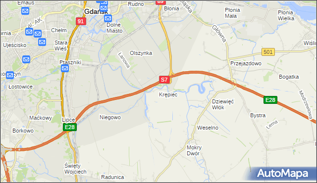 mapa Krępiec gmina Pruszcz Gdański, Krępiec gmina Pruszcz Gdański na mapie Targeo