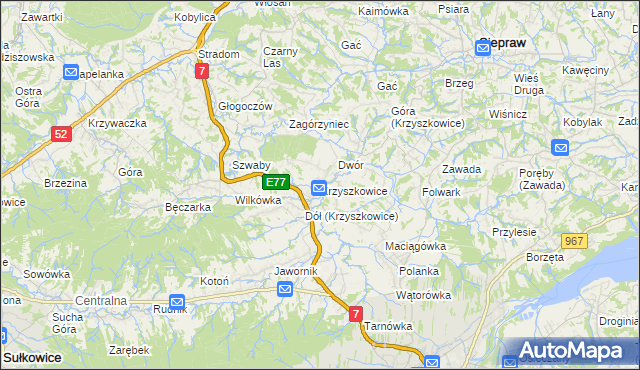 mapa Krzyszkowice gmina Myślenice, Krzyszkowice gmina Myślenice na mapie Targeo