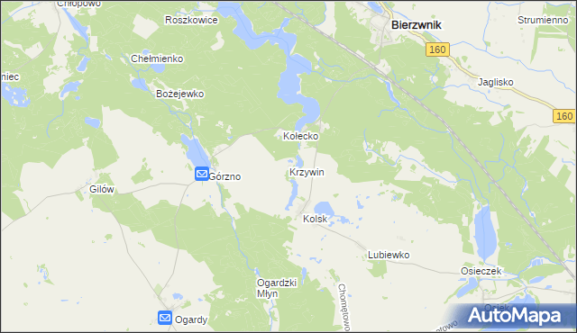 mapa Krzywin gmina Bierzwnik, Krzywin gmina Bierzwnik na mapie Targeo