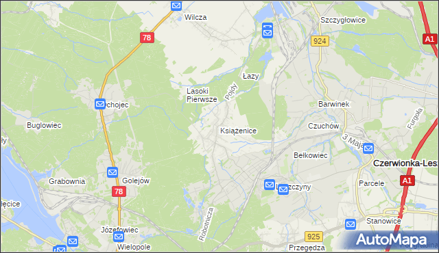 mapa Książenice gmina Czerwionka-Leszczyny, Książenice gmina Czerwionka-Leszczyny na mapie Targeo