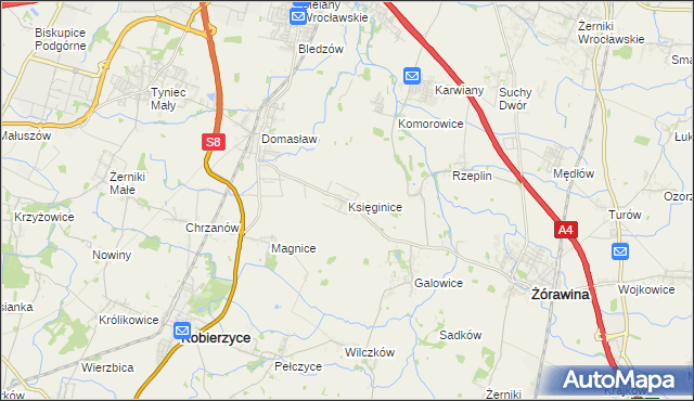 mapa Księginice gmina Kobierzyce, Księginice gmina Kobierzyce na mapie Targeo
