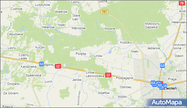 mapa Linów gmina Zwoleń, Linów gmina Zwoleń na mapie Targeo