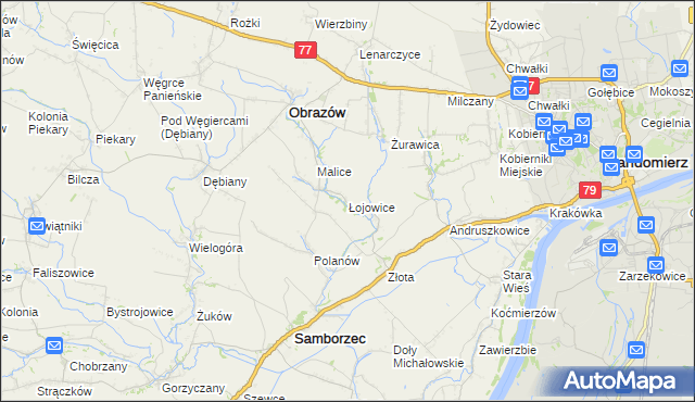mapa Łojowice gmina Samborzec, Łojowice gmina Samborzec na mapie Targeo