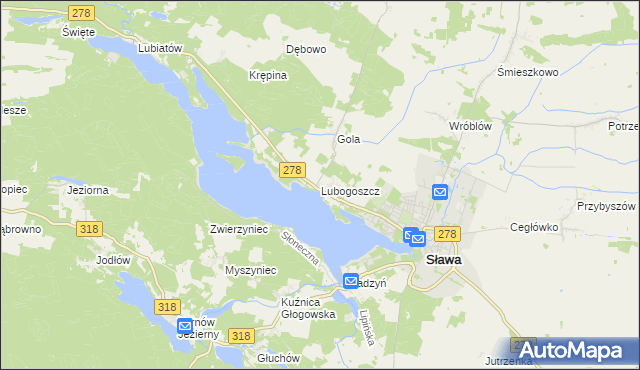 mapa Lubogoszcz gmina Sława, Lubogoszcz gmina Sława na mapie Targeo