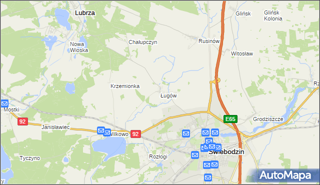 mapa Ługów gmina Świebodzin, Ługów gmina Świebodzin na mapie Targeo