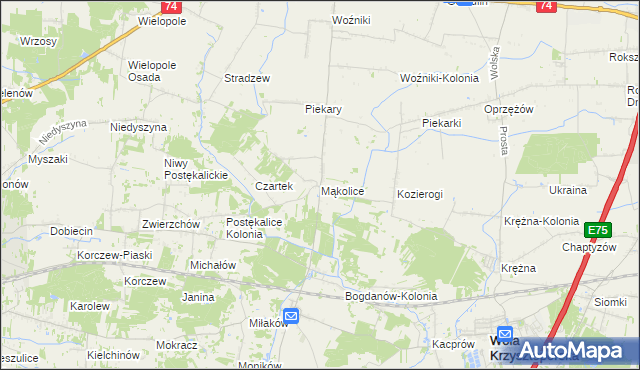 mapa Mąkolice gmina Wola Krzysztoporska, Mąkolice gmina Wola Krzysztoporska na mapie Targeo