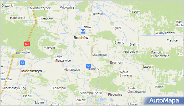 mapa Malanowo gmina Brochów, Malanowo gmina Brochów na mapie Targeo