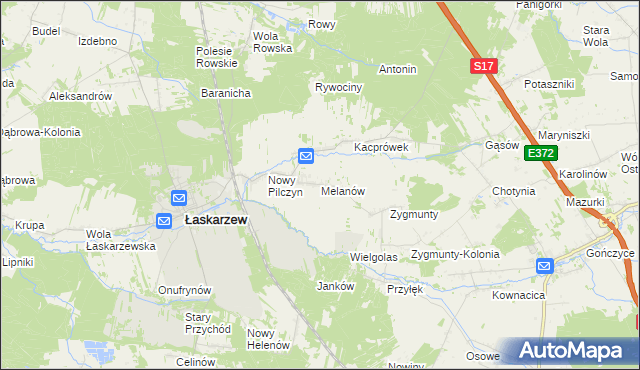 mapa Melanów gmina Łaskarzew, Melanów gmina Łaskarzew na mapie Targeo
