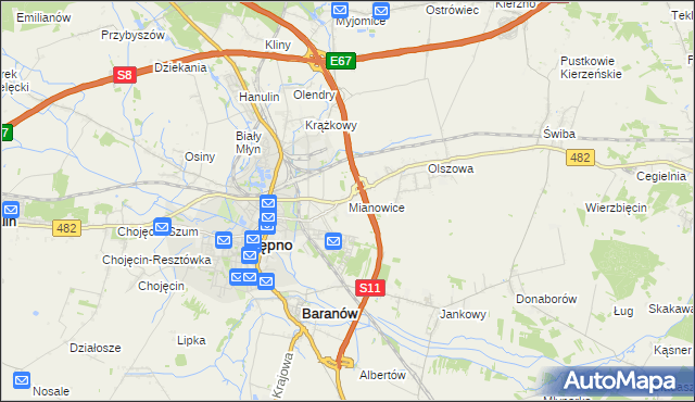 mapa Mianowice gmina Kępno, Mianowice gmina Kępno na mapie Targeo