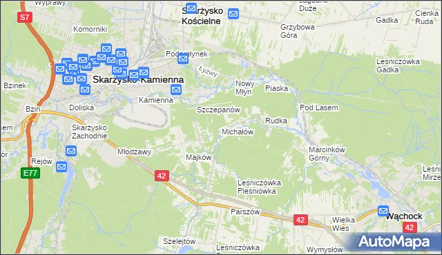 mapa Michałów gmina Skarżysko Kościelne, Michałów gmina Skarżysko Kościelne na mapie Targeo