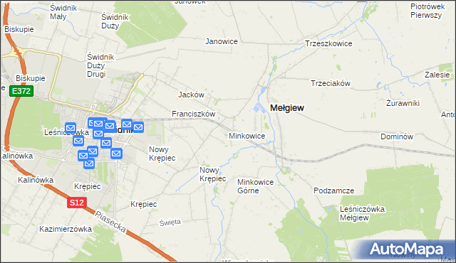 mapa Minkowice gmina Mełgiew, Minkowice gmina Mełgiew na mapie Targeo