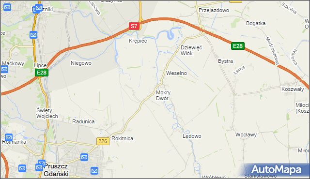 mapa Mokry Dwór gmina Pruszcz Gdański, Mokry Dwór gmina Pruszcz Gdański na mapie Targeo