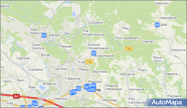 mapa Myślachowice, Myślachowice na mapie Targeo