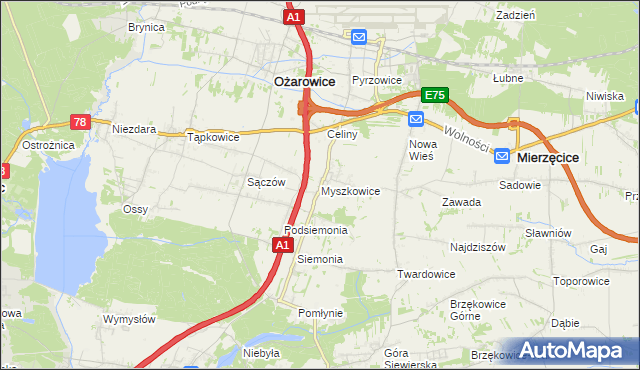 mapa Myszkowice gmina Bobrowniki, Myszkowice gmina Bobrowniki na mapie Targeo