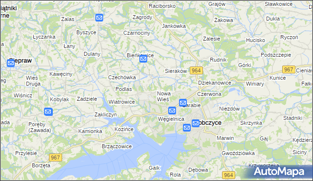 mapa Nowa Wieś gmina Dobczyce, Nowa Wieś gmina Dobczyce na mapie Targeo