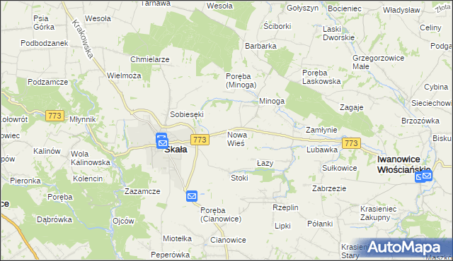 mapa Nowa Wieś gmina Skała, Nowa Wieś gmina Skała na mapie Targeo